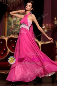 Top Selling Halter Top Sleeveless Chiffon Floor Length Zipper Celebrity Style Dress in Hot Pink for with Beading and Lace