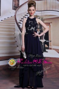 Scoop Floor Length Black Prom Party Dress Chiffon Sleeveless Beading and Lace
