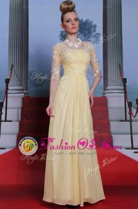 Wonderful Floor Length Zipper Prom Dress Light Yellow and In for Prom and Party with Lace and Ruching