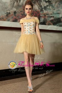 Spaghetti Straps Cap Sleeves Club Wear Mini Length Beading Gold Organza