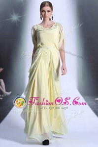 Scoop Short Sleeves Zipper Floor Length Lace and Ruffles Prom Gown