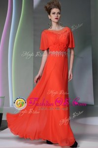 Fancy Scoop Ankle Length Coral Red Prom Evening Gown Chiffon Short Sleeves Appliques