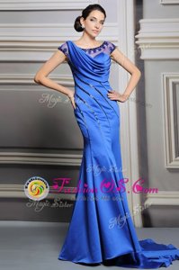 Designer Blue Zipper Scoop Beading Dress Like A Star Satin Sleeveless Court Train
