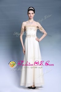 Off the Shoulder Short Sleeves Satin Floor Length Zipper in White for with Appliques