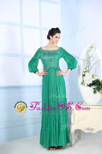 Green Column/Sheath Chiffon Square 3|4 Length Sleeve Beading and Appliques and Ruching Floor Length Zipper Mother Of The Bride Dress