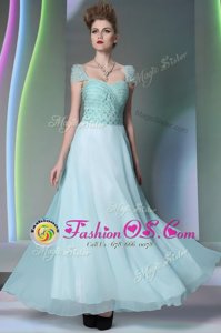 Simple Light Blue Side Zipper Prom Dress Beading and Lace Cap Sleeves Floor Length