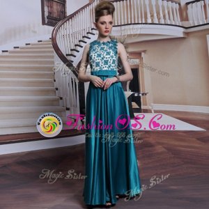 Captivating Scalloped Teal Satin Clasp Handle Evening Dress Sleeveless Floor Length Beading and Appliques