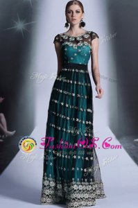 Fantastic Scoop Teal Side Zipper Prom Dresses Appliques and Pleated Cap Sleeves Floor Length