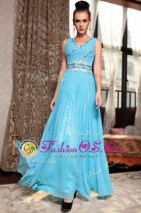 Baby Blue Side Zipper V-neck Beading and Appliques and Ruching Prom Evening Gown Chiffon Sleeveless