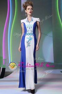 Blue And White Column/Sheath Embroidery Prom Evening Gown Zipper Chiffon Cap Sleeves Floor Length