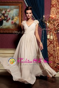 Amazing Cap Sleeves Side Zipper Floor Length Beading and Hand Made Flower Dress for Prom