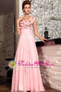 Floor Length Baby Pink Dress for Prom V-neck Sleeveless Zipper