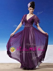 Decent Column/Sheath Homecoming Dress Dark Purple V-neck Chiffon Short Sleeves Ankle Length Side Zipper