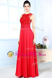 Scoop Red Column/Sheath Beading Prom Dress Zipper Chiffon Sleeveless Floor Length