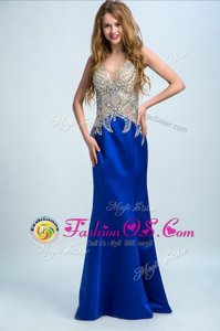 Hot Sale Royal Blue V-neck Backless Beading Prom Dresses Sleeveless