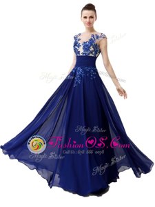 Popular High-neck Cap Sleeves Chiffon Prom Gown Beading and Appliques Zipper