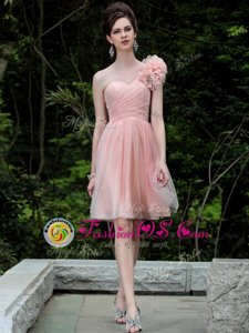 Luxury Column/Sheath Evening Dress Peach One Shoulder Tulle Sleeveless Knee Length Side Zipper