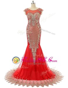 Deluxe Scoop Zipper Red Carpet Gowns Red and In for Prom and Party with Beading and Lace Brush Train