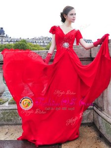 Red V-neck Lace Up Beading and Ruching Prom Evening Gown Brush Train Cap Sleeves