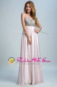 Baby Pink Empire Bateau Sleeveless Chiffon Floor Length Side Zipper Beading and Ruching