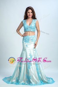 Mermaid V-neck Sleeveless Homecoming Dress With Brush Train Beading and Pattern Blue And White Chiffon