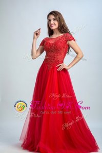 Romantic Red A-line Tulle Bateau Cap Sleeves Lace Floor Length Zipper Evening Dress