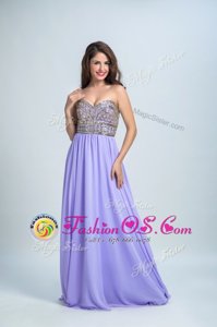 Delicate Sleeveless With Train Beading Zipper Dress for Prom with Lavender Brush Train