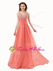 Glittering Watermelon Red Sleeveless Chiffon Side Zipper Evening Dress for Prom