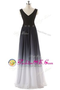 Modern Empire Dress for Prom Black V-neck Chiffon Sleeveless Floor Length Lace Up