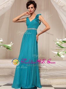Clearance Teal V-neck Side Zipper Ruffles Mother Of The Bride Dress Sleeveless