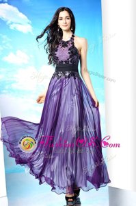 Customized Purple Halter Top Zipper Lace Prom Party Dress Sleeveless