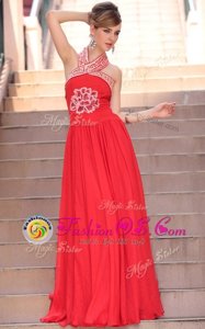 Latest Coral Red Halter Top Side Zipper Embroidery Evening Party Dresses Sleeveless