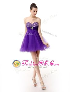 Luxurious Purple Sleeveless Knee Length Beading Zipper Prom Gown