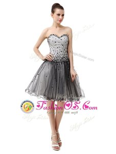 Sleeveless Organza Knee Length Lace Up Cocktail Dresses in Black for with Beading and Ruffled Layers and Ruching