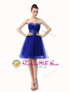 Modest Sequins Ruffled A-line Evening Dress Royal Blue Sweetheart Organza Sleeveless Knee Length Lace Up