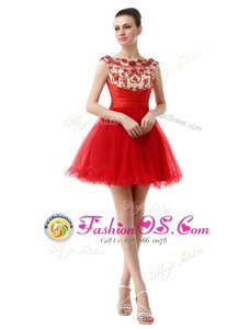 Beading and Ruching Dress for Prom Red Zipper Cap Sleeves Mini Length
