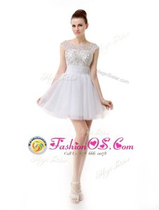 Scoop White A-line Beading and Ruching Prom Gown Zipper Organza Cap Sleeves Mini Length