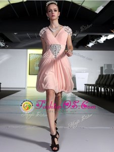 Knee Length Zipper Prom Gown Peach and In for Prom and Party with Beading
