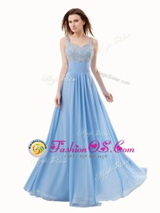 Sleeveless Chiffon and Sequined Floor Length Side Zipper Dress for Prom in Blue for with Beading