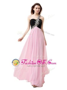 One Shoulder Pink And Black Sleeveless Beading and Appliques and Ruffles Floor Length Prom Dress