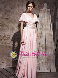 Ideal Pink Column/Sheath V-neck Short Sleeves Chiffon Floor Length Side Zipper Beading and Ruching Evening Dress