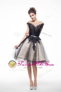 Scoop Knee Length Black Mother Of The Bride Dress Chiffon Cap Sleeves Lace