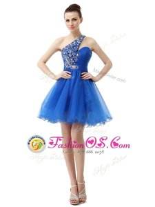 Royal Blue A-line One Shoulder Sleeveless Organza Knee Length Criss Cross Beading Prom Gown
