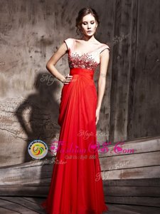 Noble Coral Red Cap Sleeves Chiffon Backless Homecoming Dress Online for Prom and Party