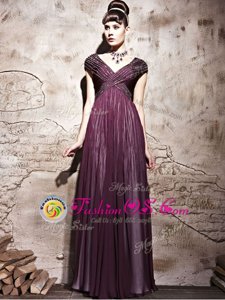 Glittering Purple Chiffon Side Zipper Mother Of The Bride Dress Cap Sleeves Floor Length Beading and Ruching