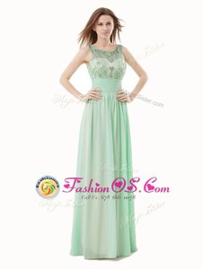 Scoop Apple Green Sleeveless Floor Length Beading and Bowknot Zipper Dress for Prom