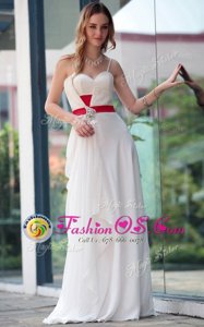 Sumptuous White Satin Side Zipper Spaghetti Straps Sleeveless Floor Length Belt