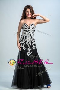 Floor Length Black Homecoming Dress Tulle Sleeveless Embroidery