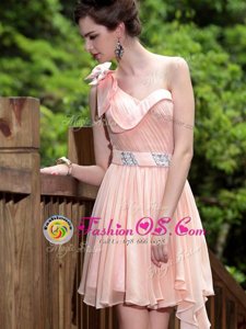 One Shoulder Sleeveless Chiffon Floor Length Side Zipper Prom Dresses in Pink for with Beading