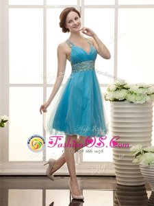 New Arrival Sleeveless Tulle Knee Length Zipper Prom Gown in Aqua Blue for with Beading
